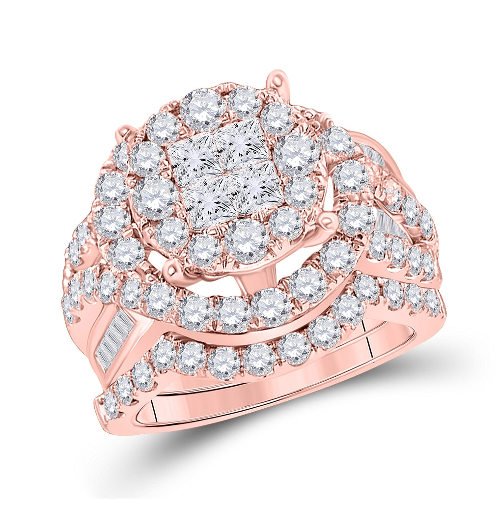 14K Rose Gold Princess Diamond Bridal Wedding Ring Band Set 3 Cttw, Womens Size: 5-10