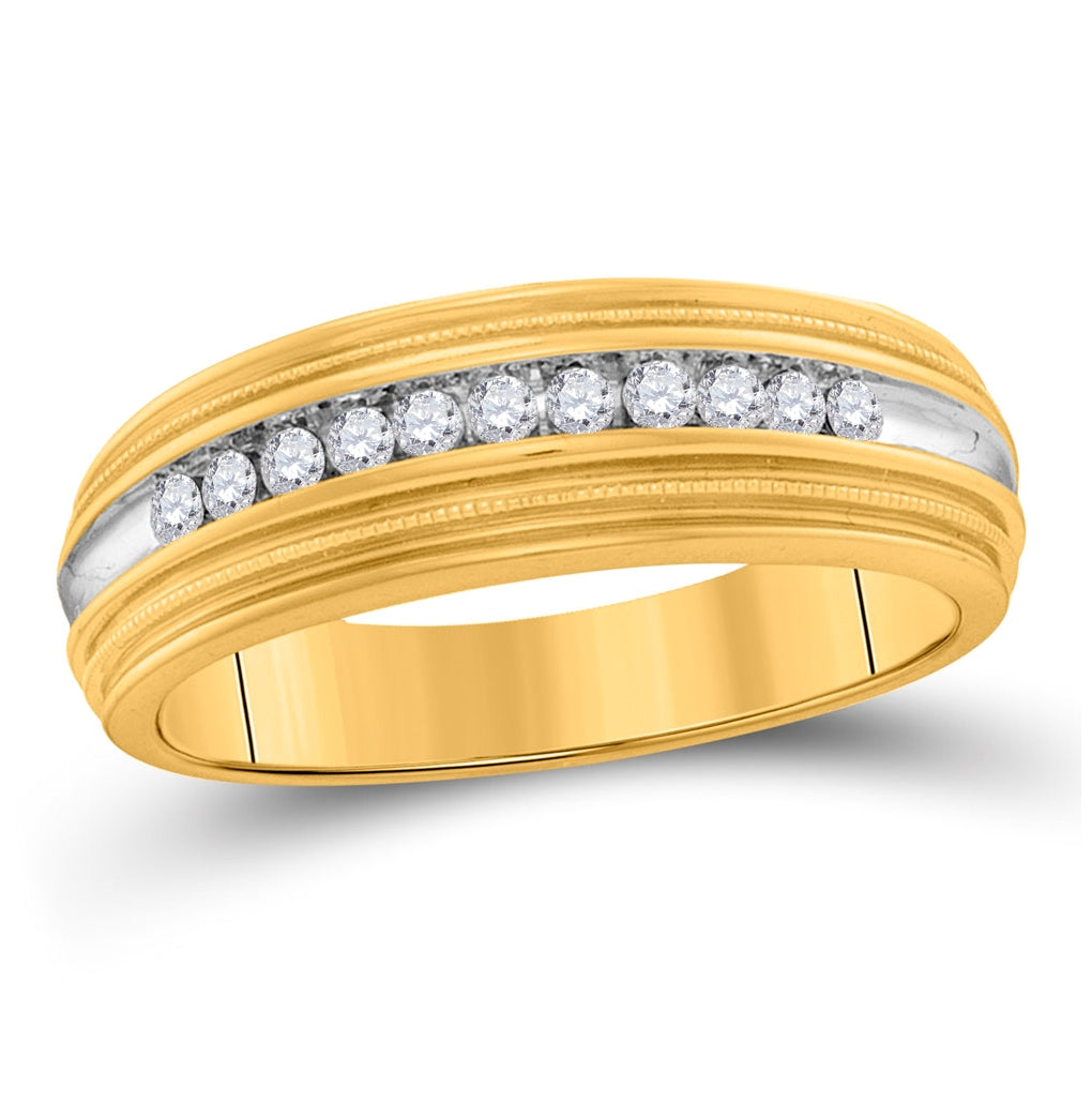 10K Yellow Gold Mens Round Diamond Two-tone Milgrain Wedding Anniversary Band Ring 1/4 Cttw, Mens Size: 7-13