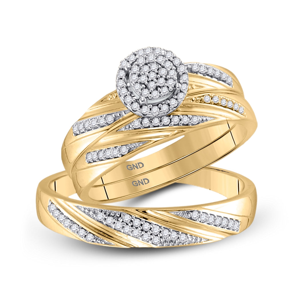10K Yellow Gold His Hers Round Diamond Cluster Matching Wedding Set 1/3 Cttw, Womens Size: 5-10, Mens Size: 7-13