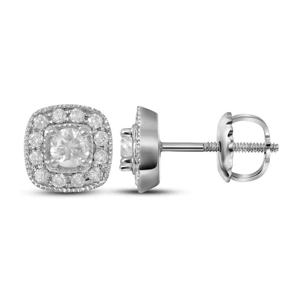 14K White Gold Womens Round Diamond Solitaire Square Frame Earrings 3/8 Cttw, Length: 0.26 In, Width: 0.26 In