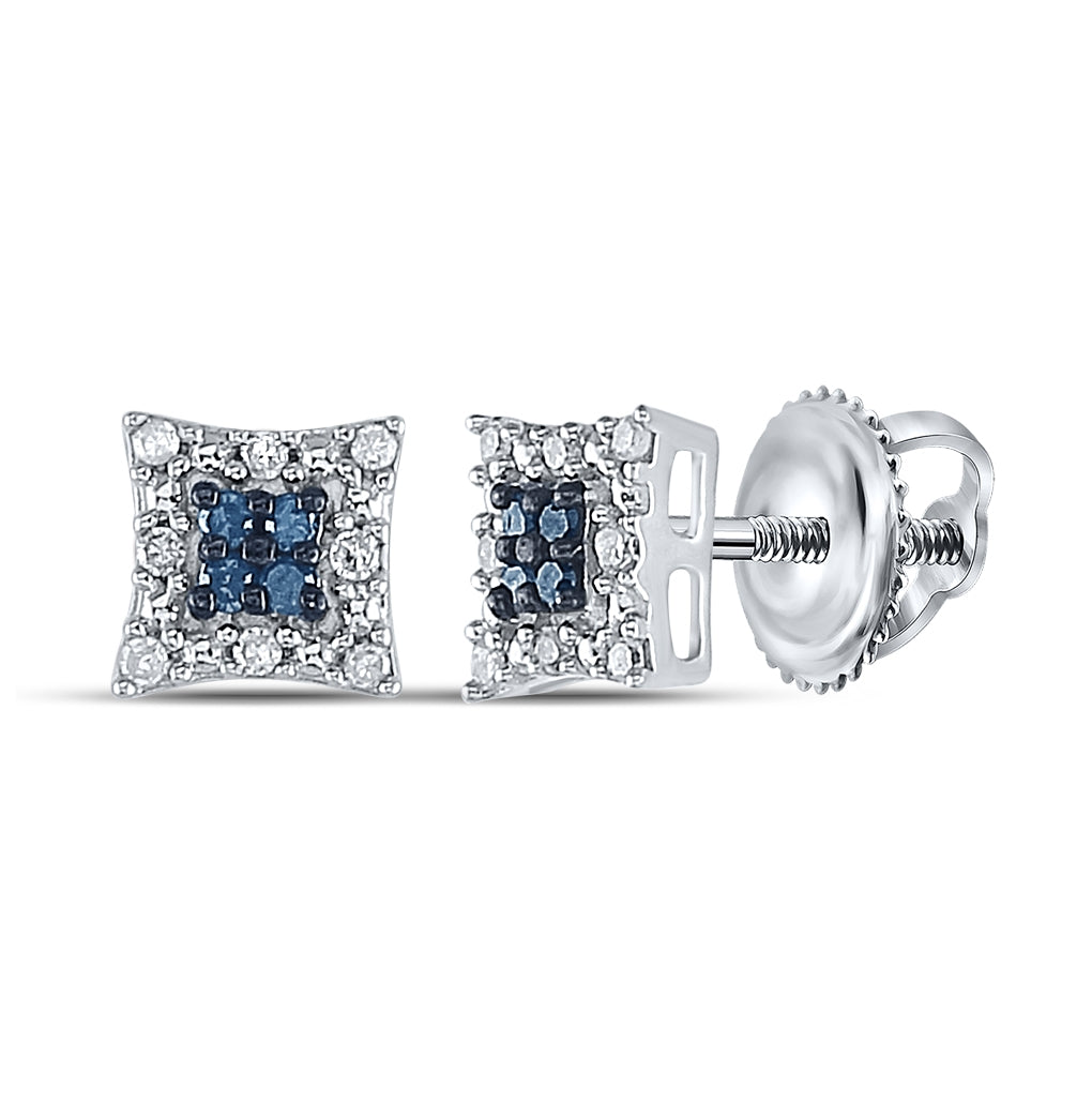 Sterling Silver Womens Round Blue Color Enhanced Diamond Square Earrings 1/10ctw