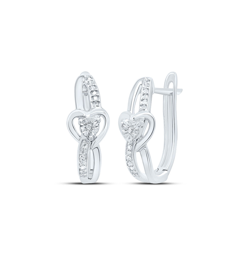 Sterling Silver Womens Round Diamond Heart Hoop Earrings 1/20ctw