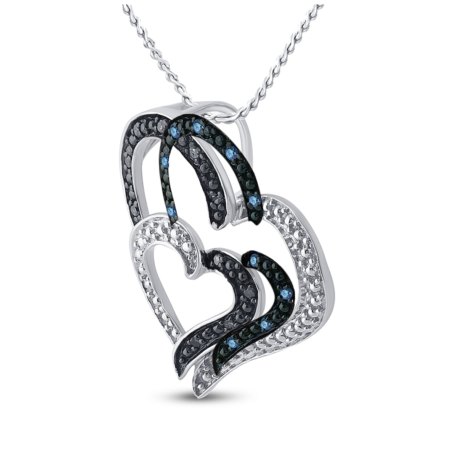 Sterling Silver Womens Round Blue Color Enhanced Diamond Heart Pendant 1/20ctw, Length: 1.1 Inch Width: 0.55 Inch