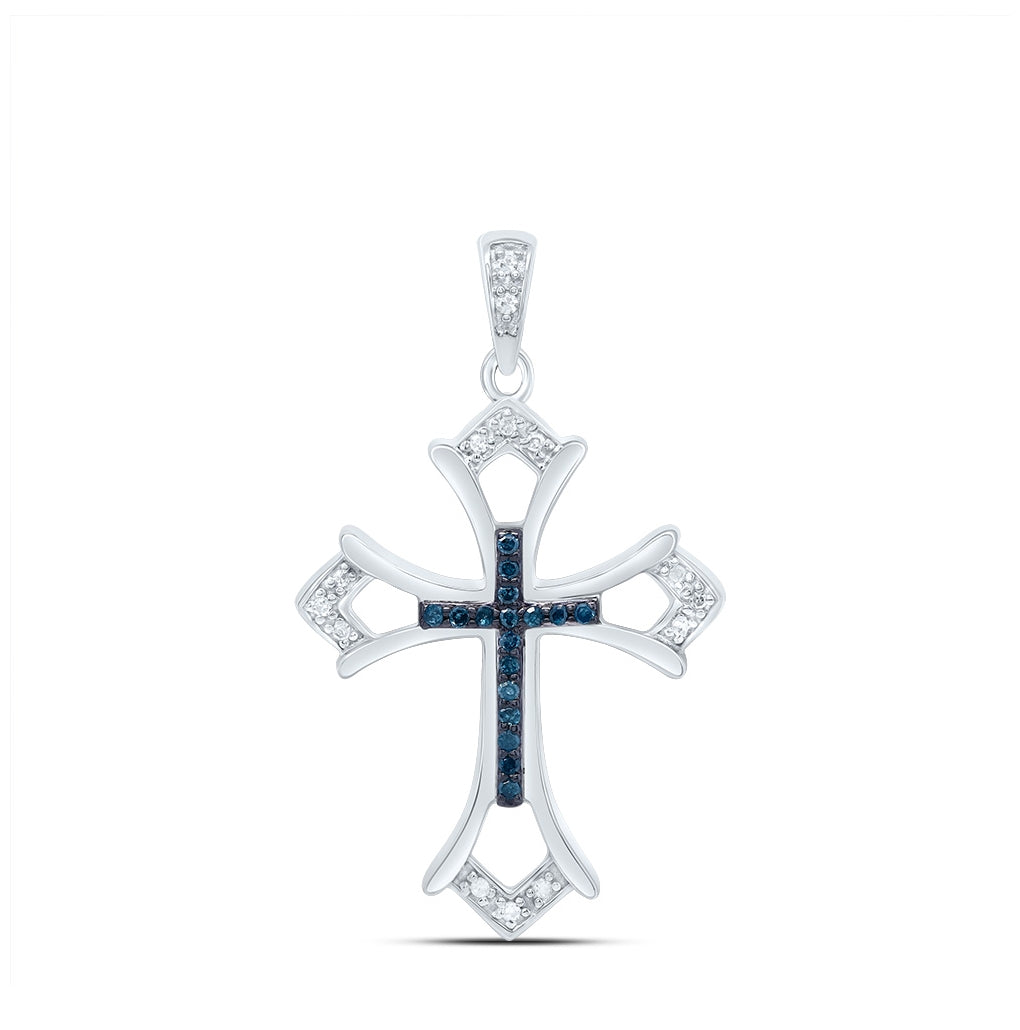 Sterling Silver Womens Round Blue Color Enhanced Diamond Cross Pendant 1/10ctw, Length: 1.24 Inch Width: 0.78 Inch