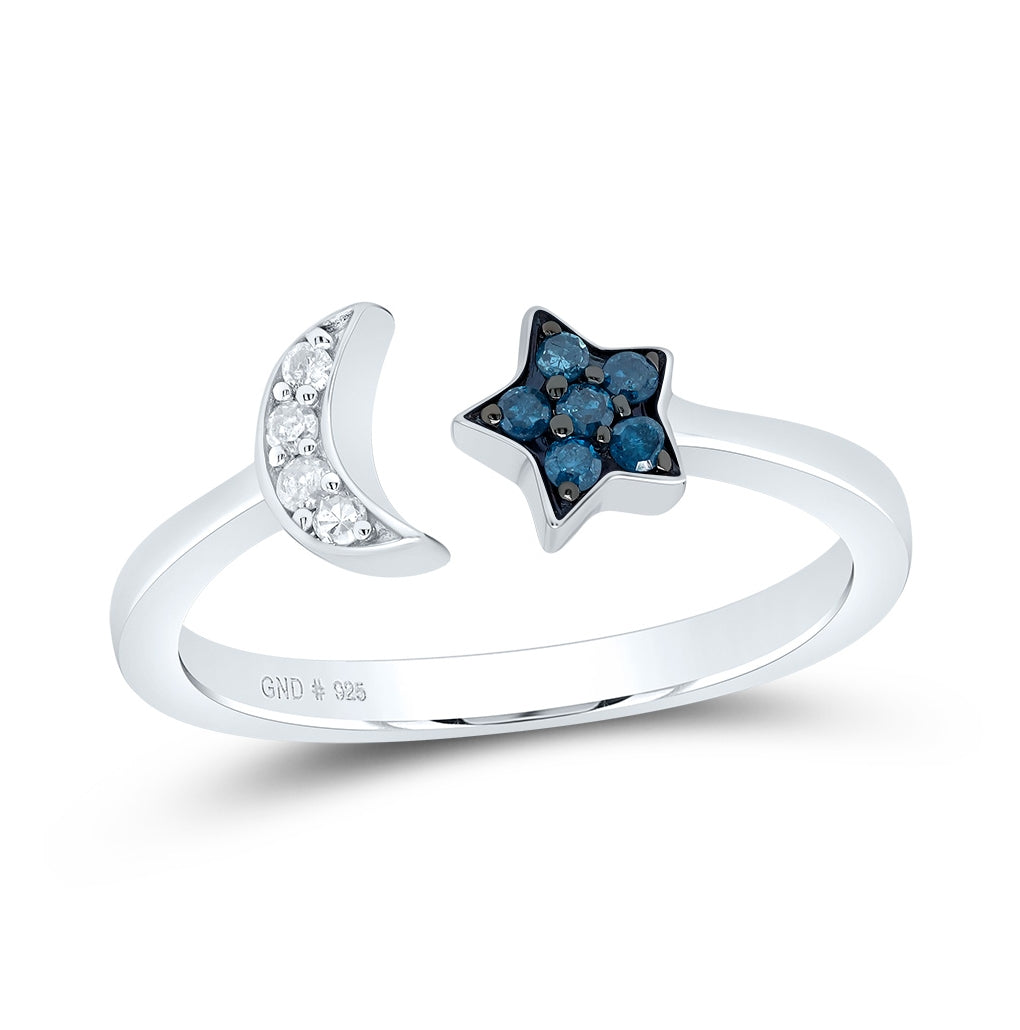 Sterling Silver Womens Round Blue Color Enhanced Diamond Moon Star Ring 1/10 Cttw, Womens Size: 5-10