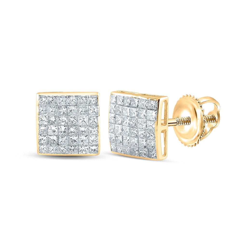 14kt Yellow Gold Womens Princess Diamond Square Cluster Stud Earrings 1-1/2 Cttw