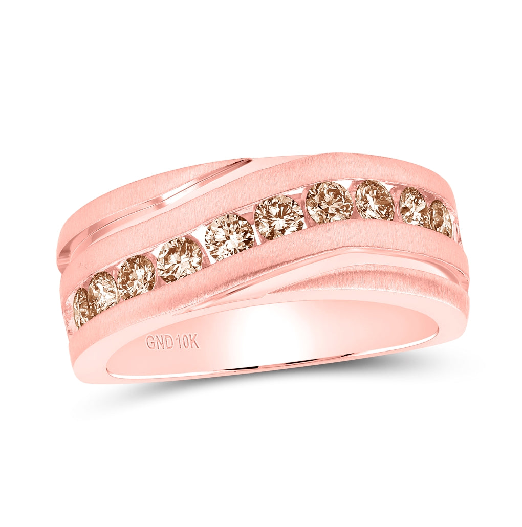 10K Rose Gold Mens Round Diamond Wedding Single Row Grooved Band Ring 1 Cttw, Mens Size: 7-13