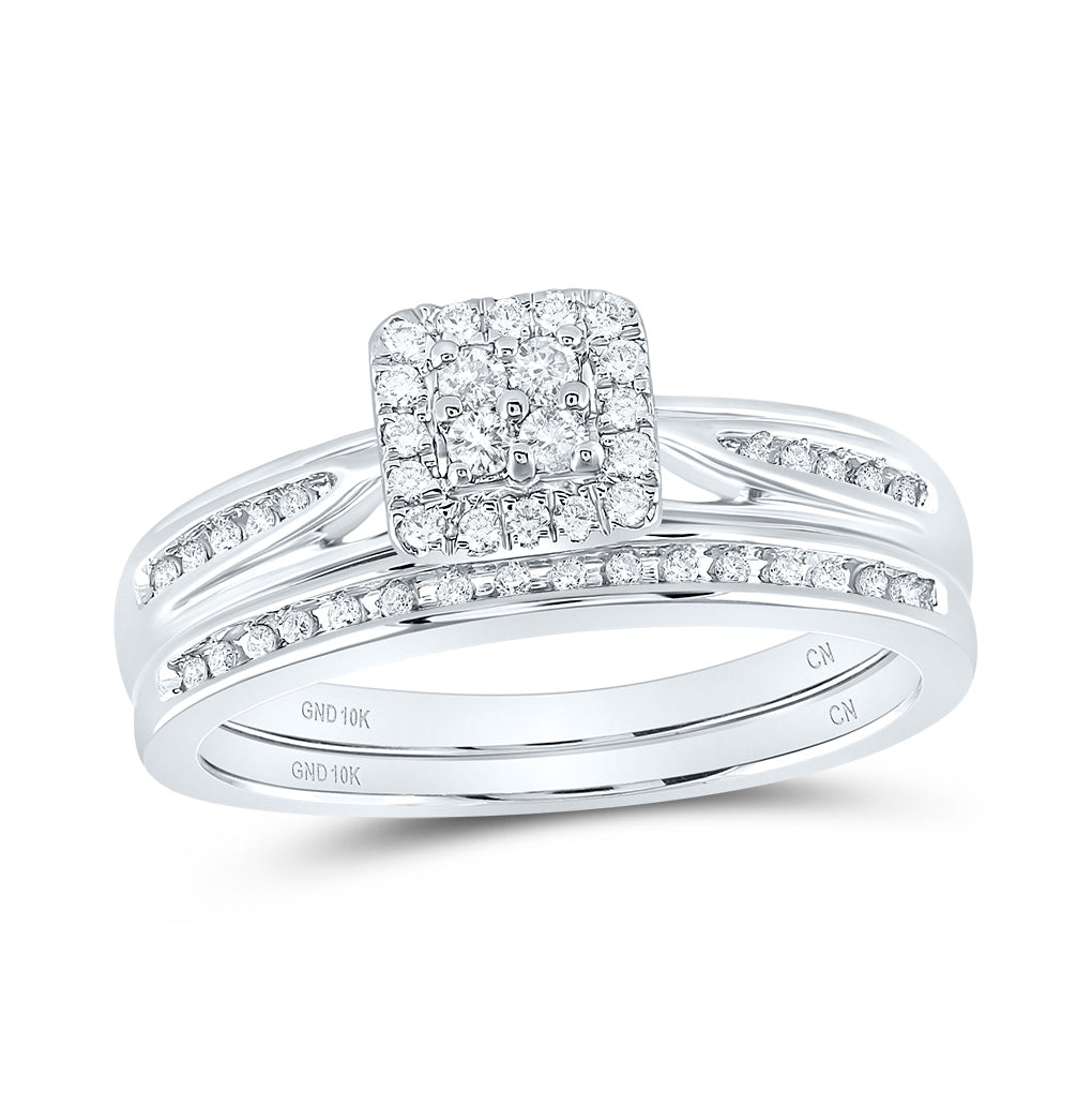 10K White Gold Diamond Square Cluster Bridal Wedding Ring Band Set 1/4 Cttw, Womens Size: 5-10
