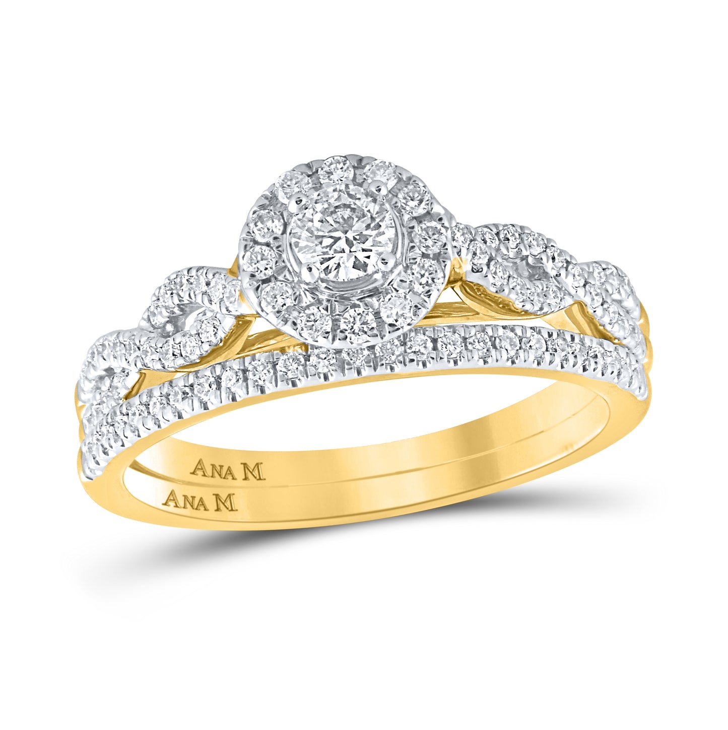 14K Yellow Gold Round Diamond Halo Bridal Wedding Ring Band Set 1/2 Cttw, Womens Size: 5-10