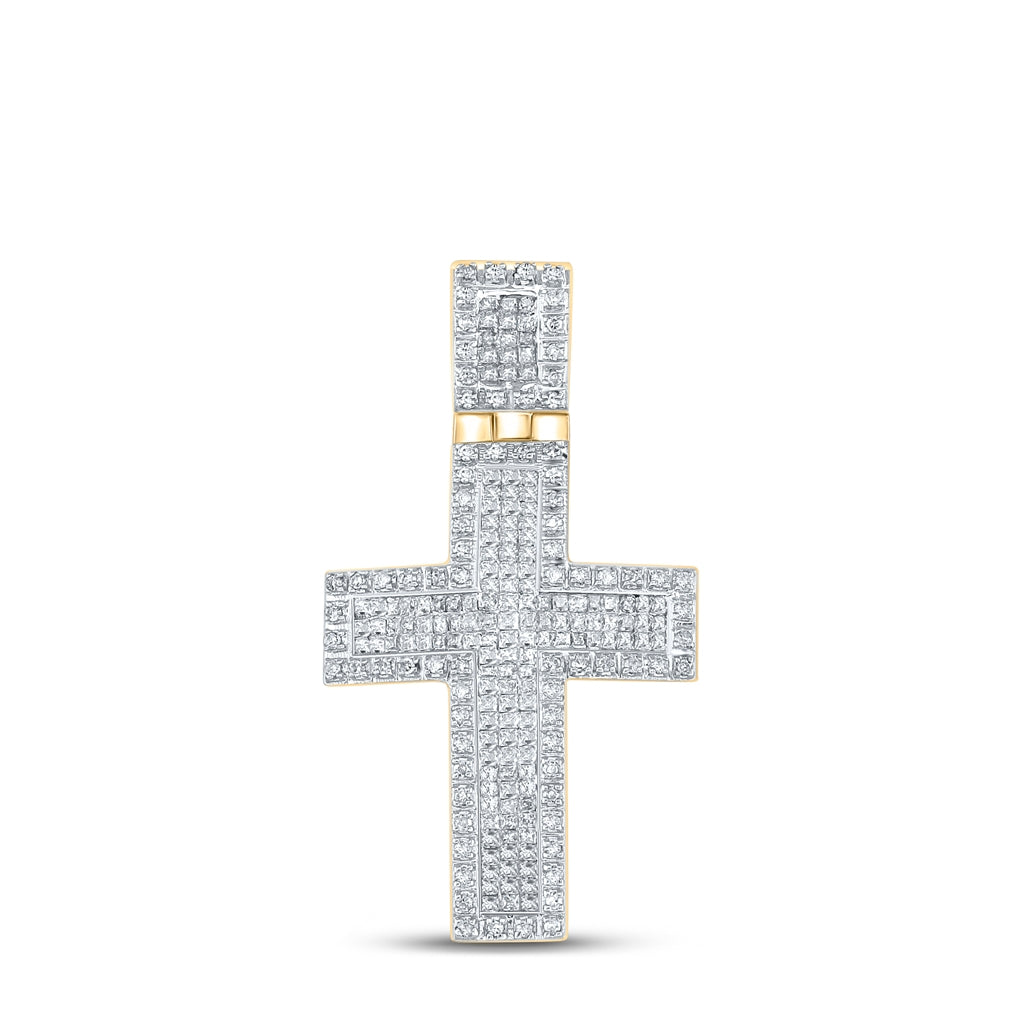 10K Yellow Gold Mens Round Diamond Cross Charm Pendant 1 Cttw, Length: 1.44 In, Width: 0.8 In