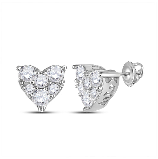 10K White Gold Womens Round Diamond Heart Cluster Stud Earrings 1/3 Cttw