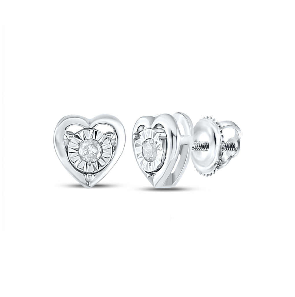 Sterling Silver Womens Round Diamond Heart Earrings 1/20ctw, Length: 0.22 Inch Width: 0.22 Inch