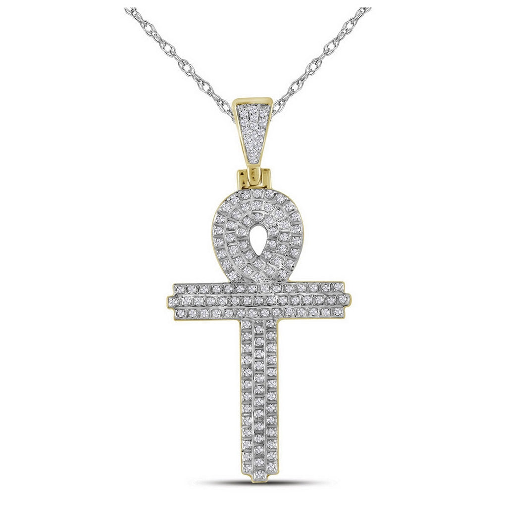 10K Yellow Gold Mens Round Diamond Ankh Cross Religious Charm Pendant 3/8 Cttw, Length: 1.88 In, Width: 0.93 In
