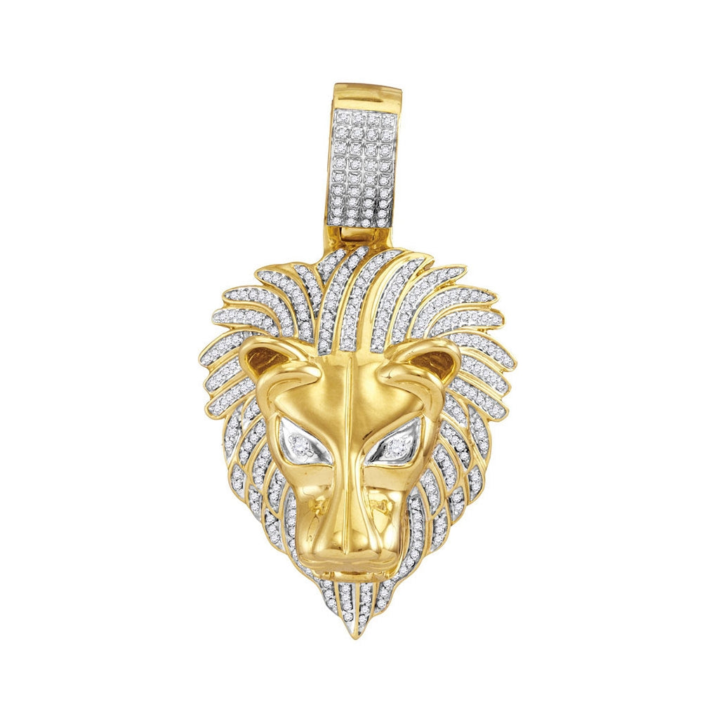 10K Yellow Gold Mens Round Diamond Lion Head Charm Pendant 7/8 Cttw, Length: 2.19 In, Width: 1.26 In