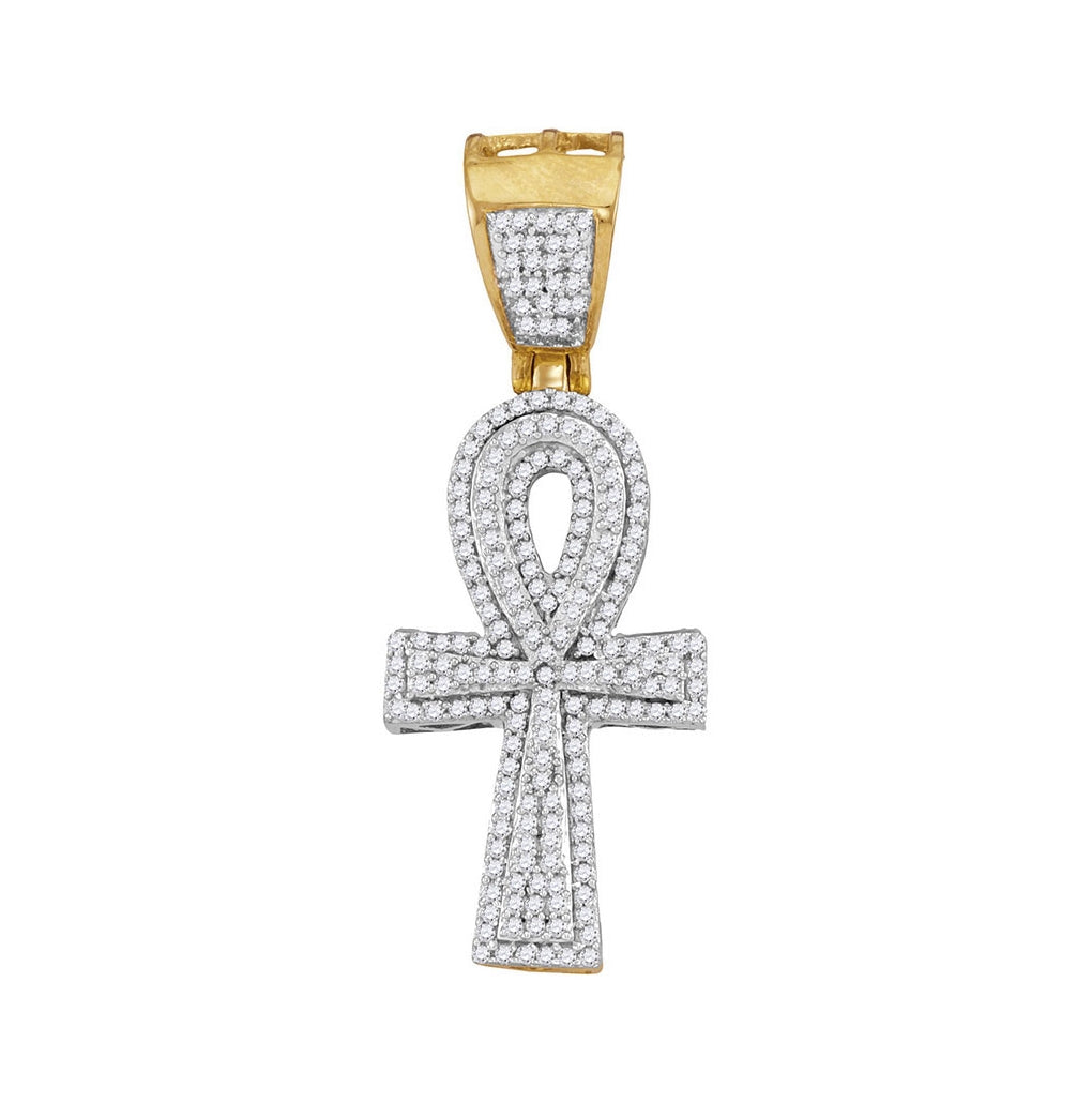10K Yellow Gold Mens Round Diamond Ankh Cross Charm Pendant 1/2 Cttw, Length: 1.53 In, Width: 0.57 In
