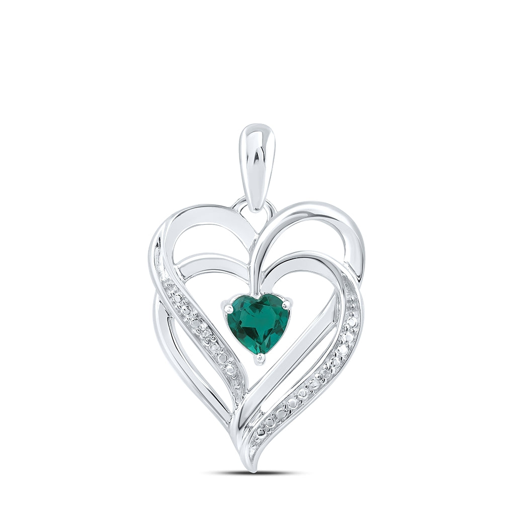 Sterling Silver Womens Round Synthetic Emerald Heart Pendant 5/8ctw, Width: 0.63 In