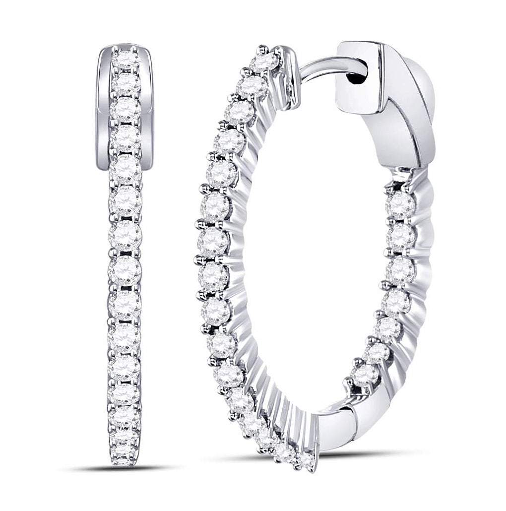 10K White Gold Womens Round Inside Outside Diamond Hoop Earrings 1 Cttw, Length: 0.93 In, Width: 0.06 In