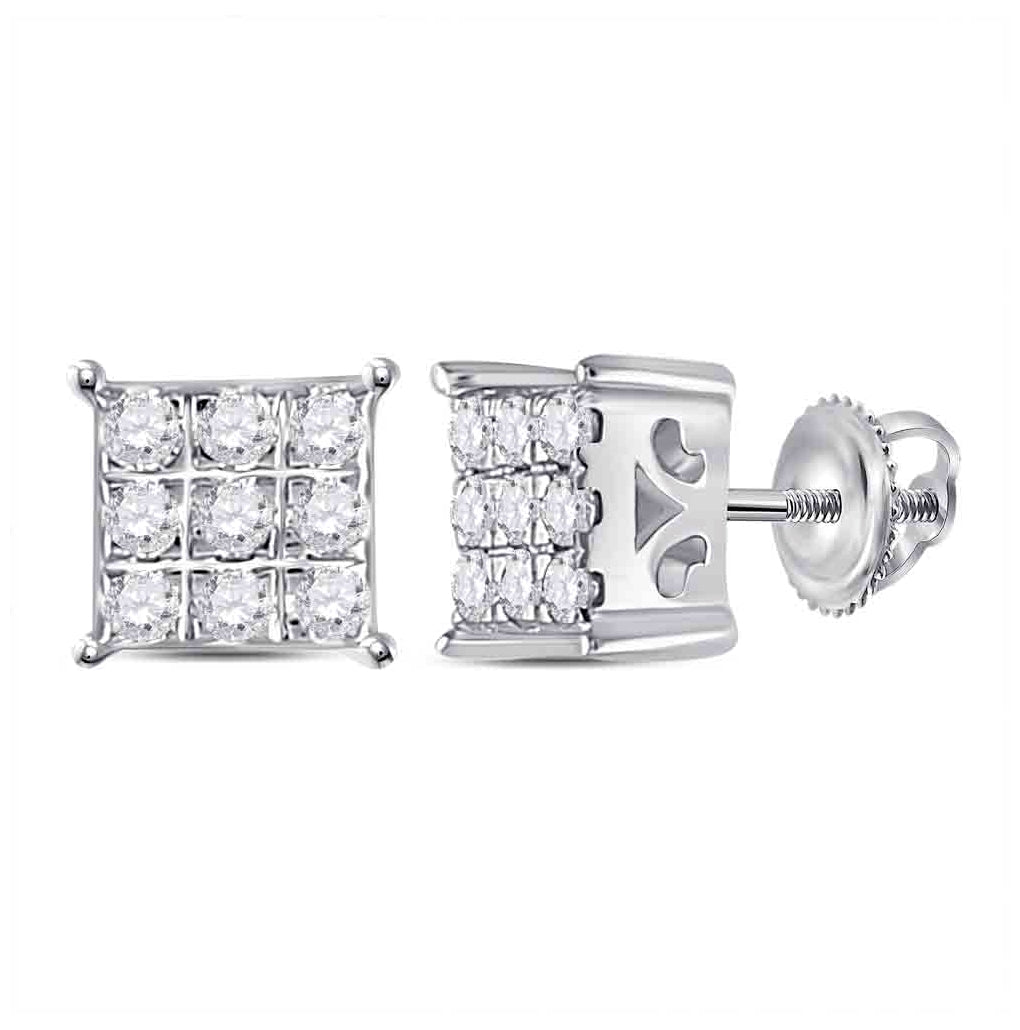 10K White Gold Women's Round Diamond Square Cluster Earrings 1/6ctw