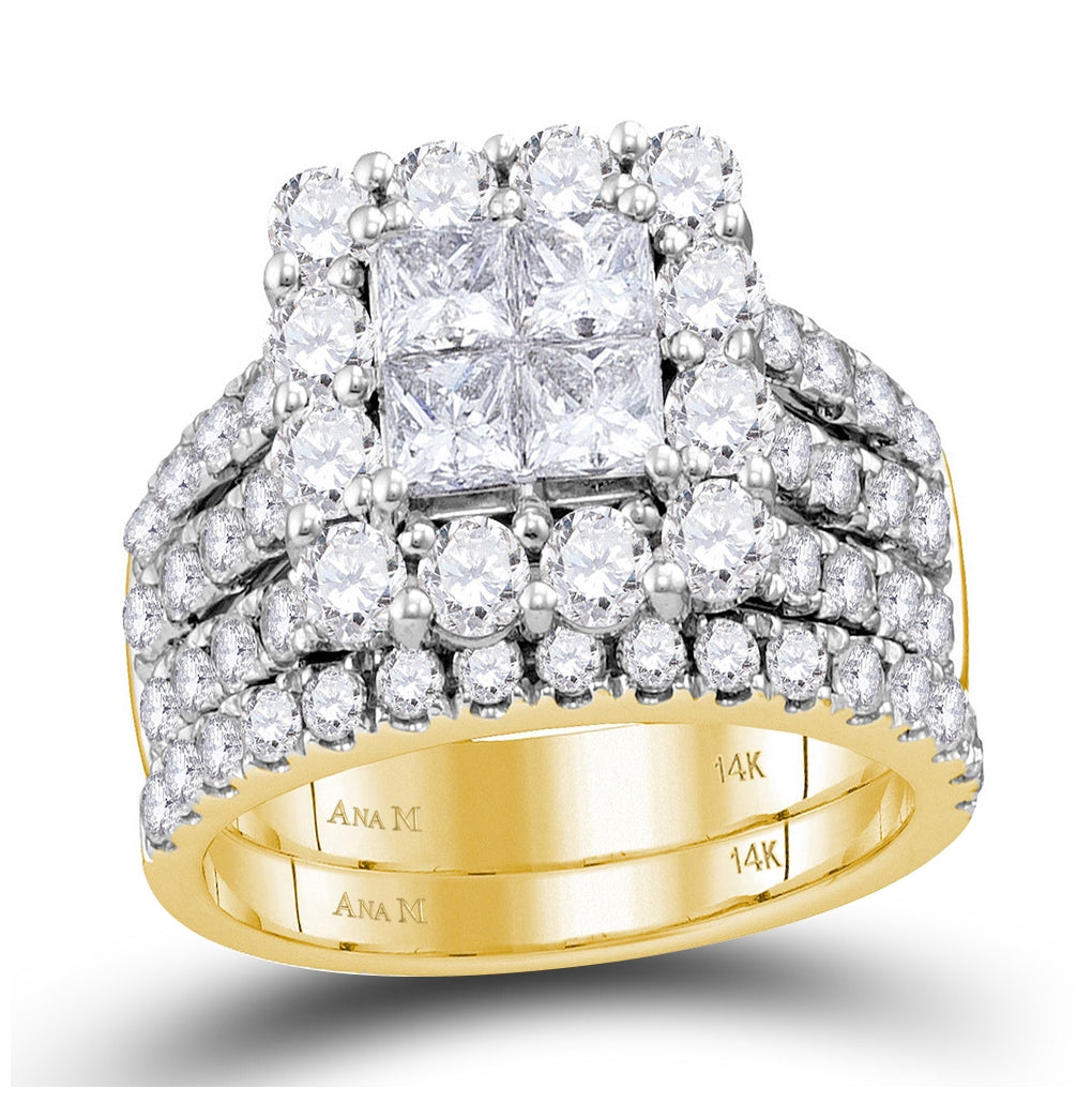 14K Yellow Gold Princess Diamond Cluster Bridal Wedding Engagement Ring 3 Cttw, Womens Size: 5-10