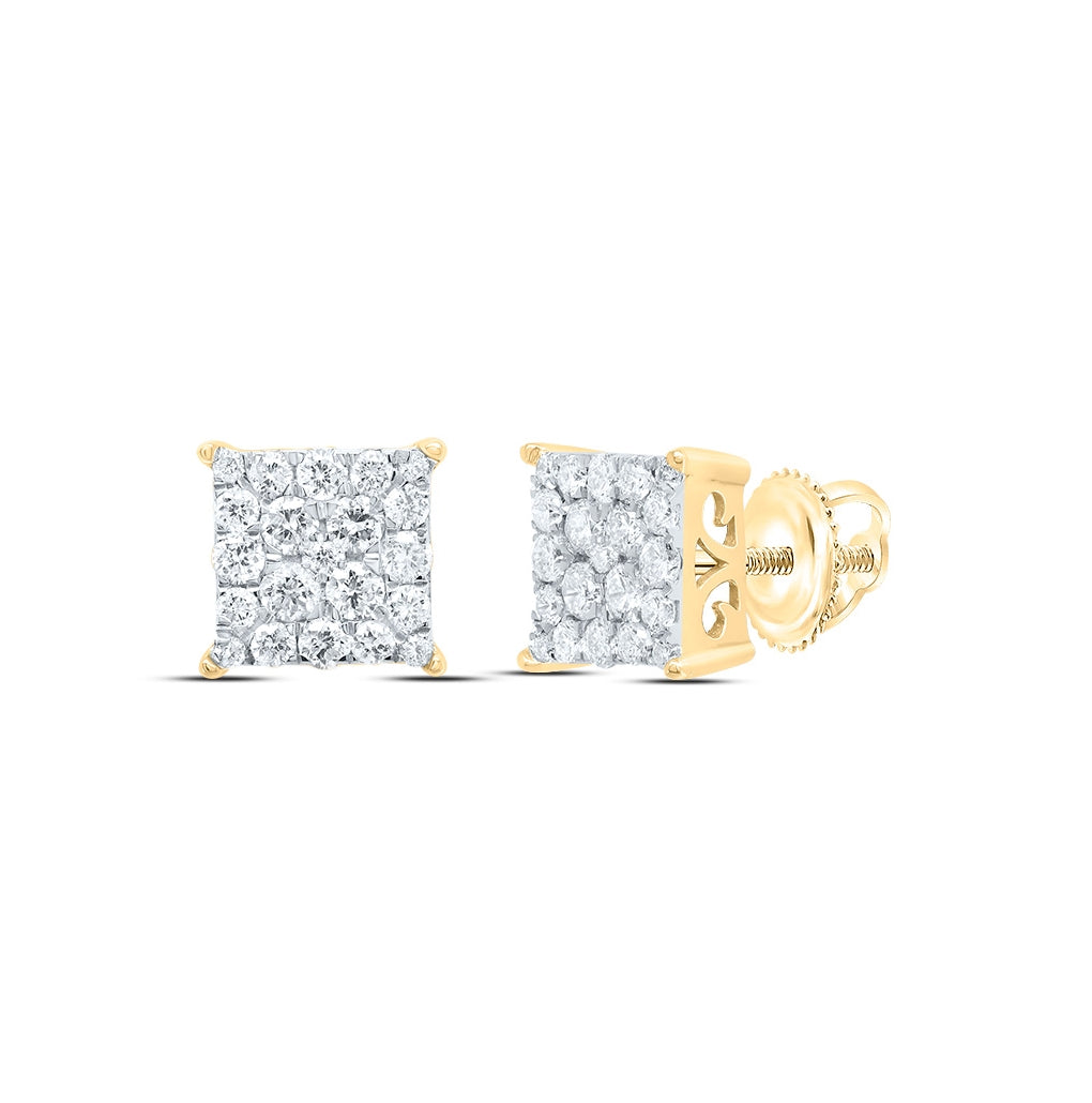 10K Yellow Gold Womens Round Diamond Square Cluster Earrings 1/2 Cttw, Length: 0.28 In, Width: 0.28 In