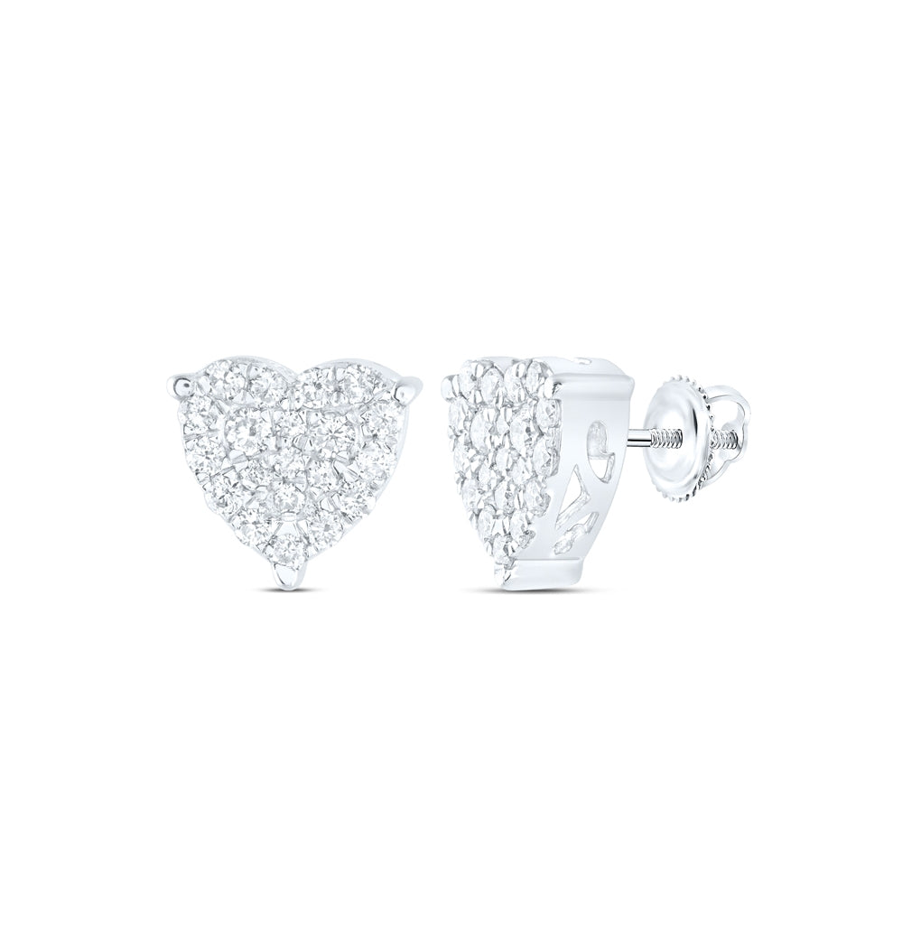 10K White Gold Womens Round Diamond Heart Cluster Stud Earrings 3/4ctw