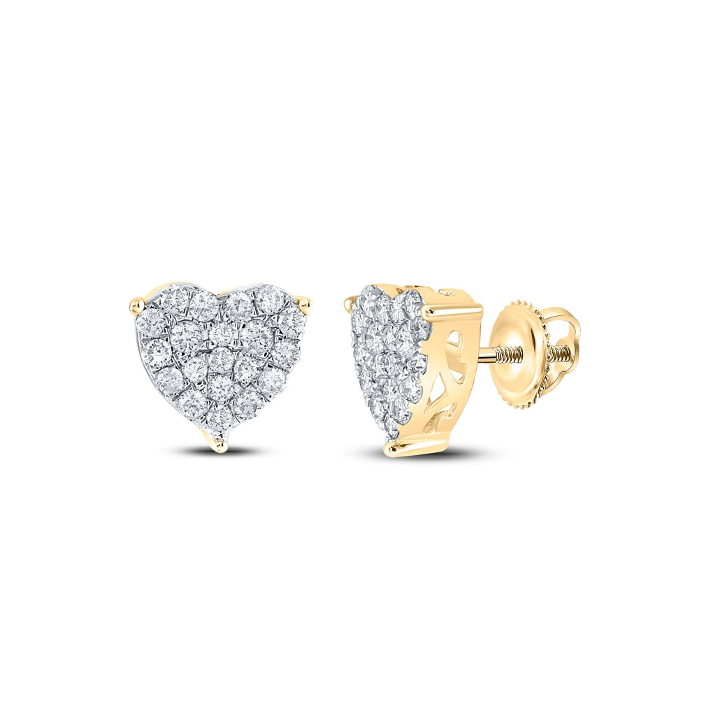 10K Yellow Gold Womens Round Diamond Heart Earrings 1 Cttw, Length: 0.41 In, Width: 0.37 In