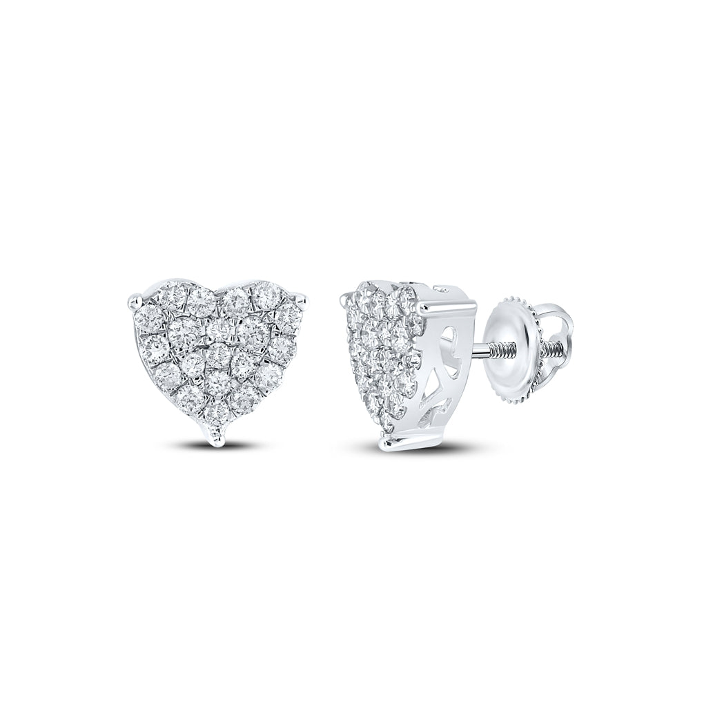 10K White Gold Womens Round Diamond Heart Earrings 1 Cttw, Length: 0.41 In, Width: 0.37 In