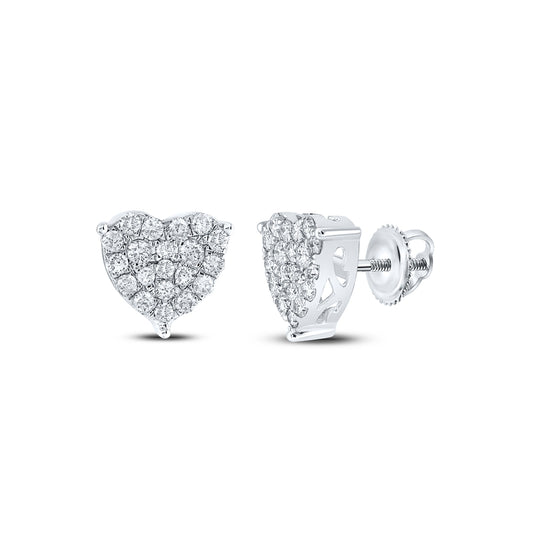 10K White Gold Womens Round Diamond Heart Earrings 1 Cttw, Length: 0.41 In, Width: 0.37 In