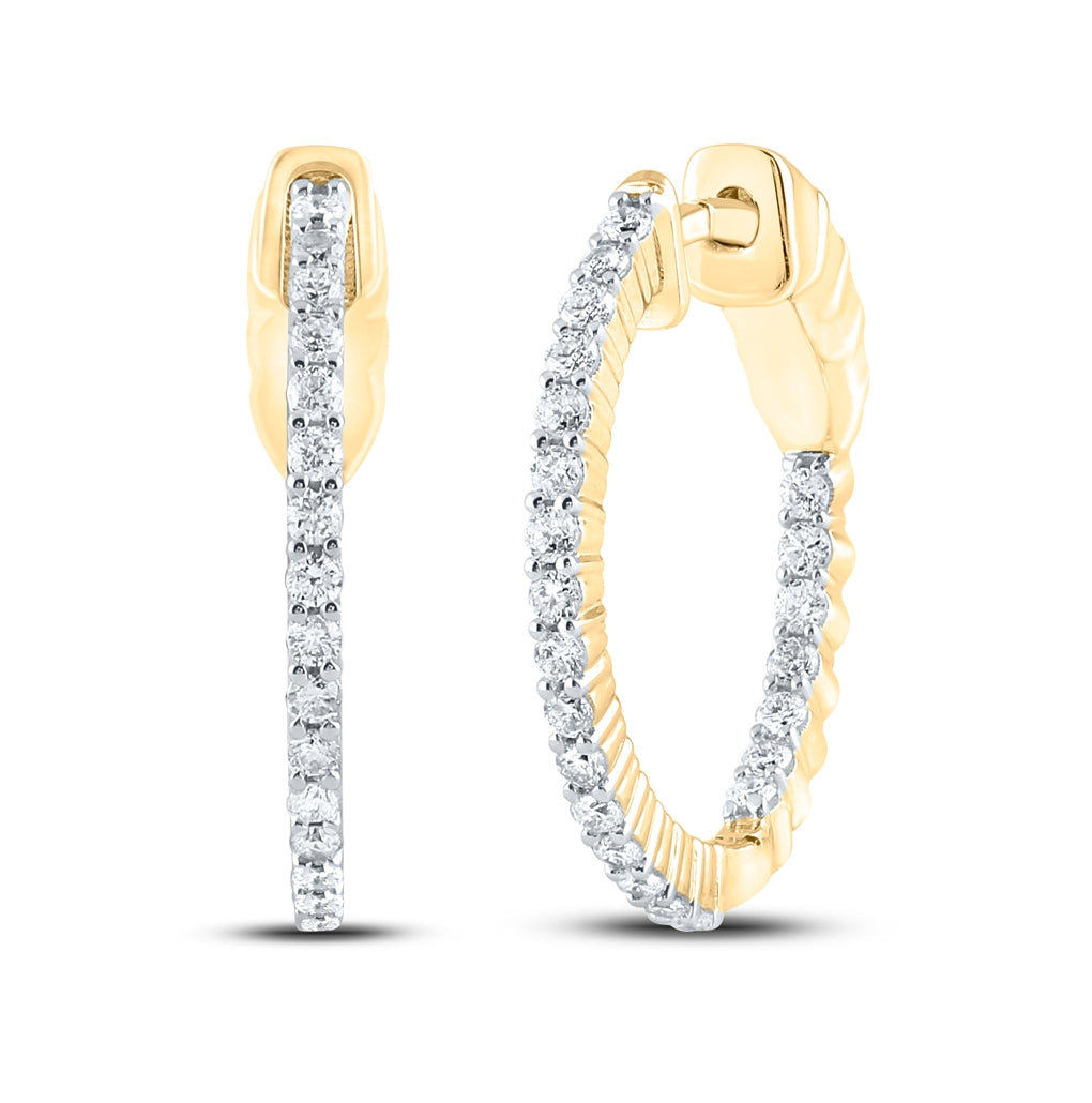 10K Yellow Gold Womens Round Diamond Inside Outside Hoop Earrings 1/2 Cttw, Length: 0.83 In, Width: 0.04 In