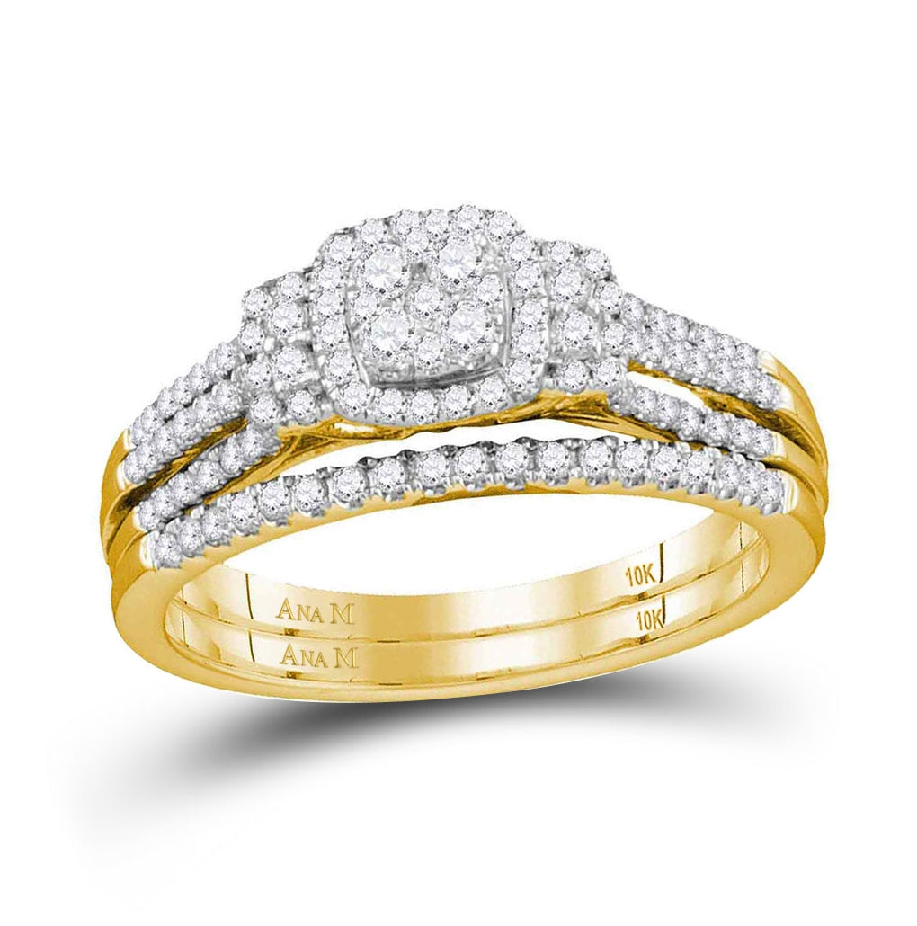 10K Yellow Gold Round Diamond Cluster Bridal Wedding Ring Band Set 1/2 Cttw, Womens Size: 5-10