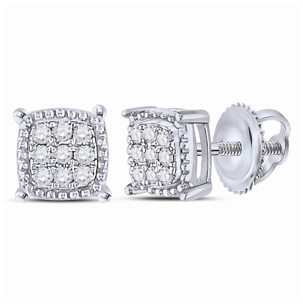 10K White Or Yellow Gold Round Diamond Square Milgrain Cluster Earrings