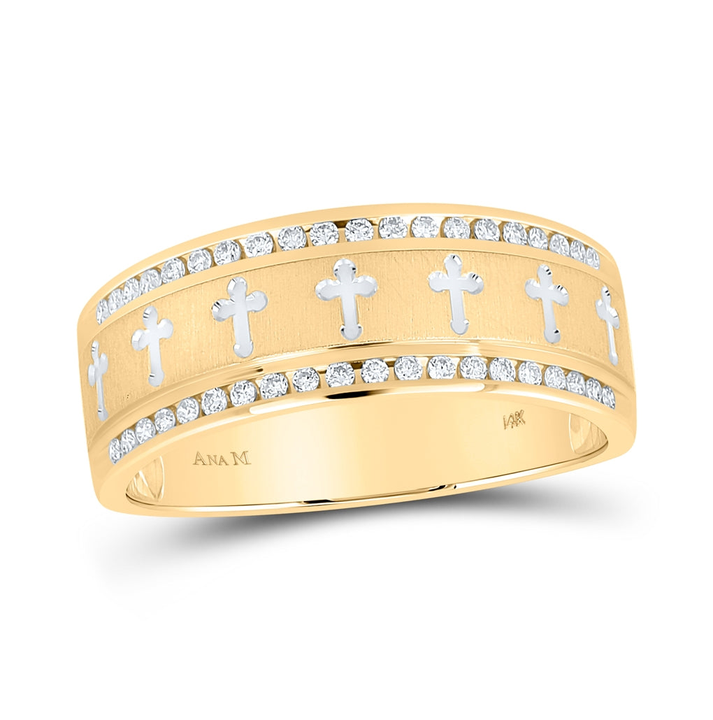 14K Yellow Gold Mens Round Diamond Wedding Cross Band Ring 1/4 Cttw, Mens Size: 7-13