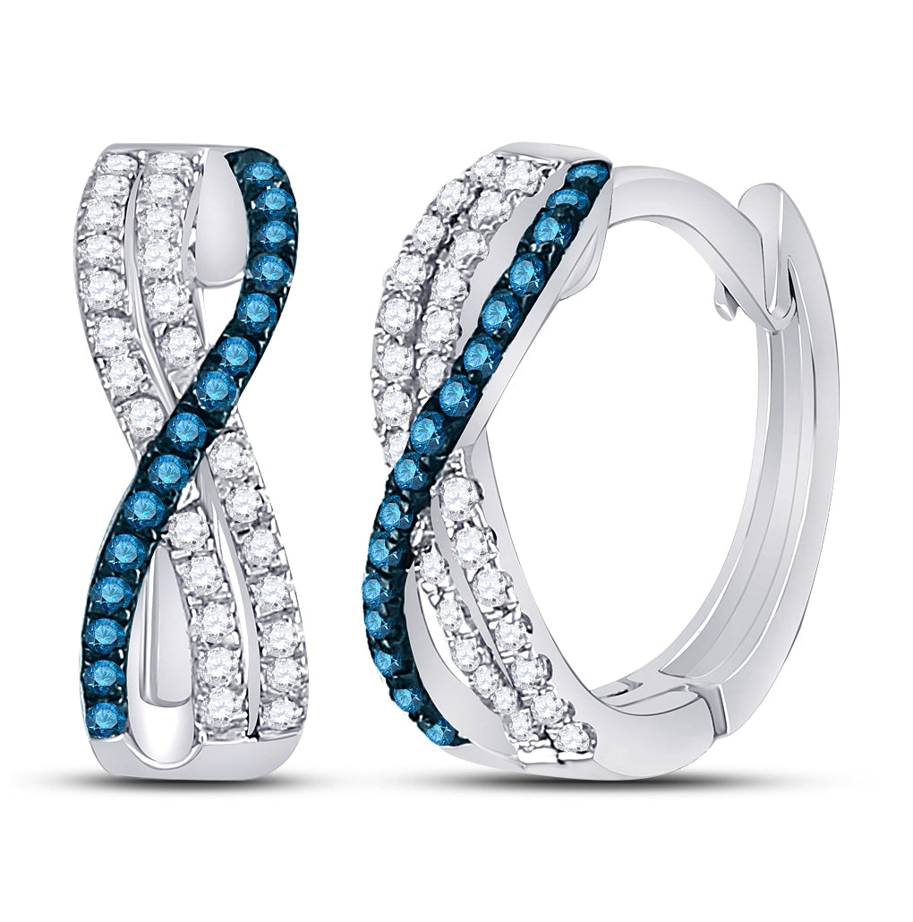 10K White Gold Womens Blue Color Enhanced Diamond Hinged Hoop Earrings 1/4 Cttw