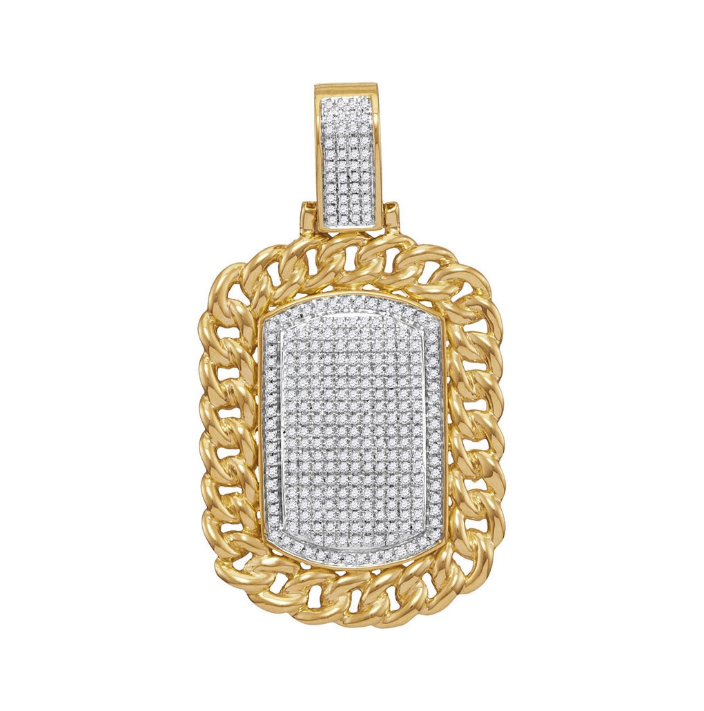 10kt Yellow Gold Mens Round Diamond Cuban Link Frame Outline Dog Tag Cluster Charm Pendant 7/8 Cttw