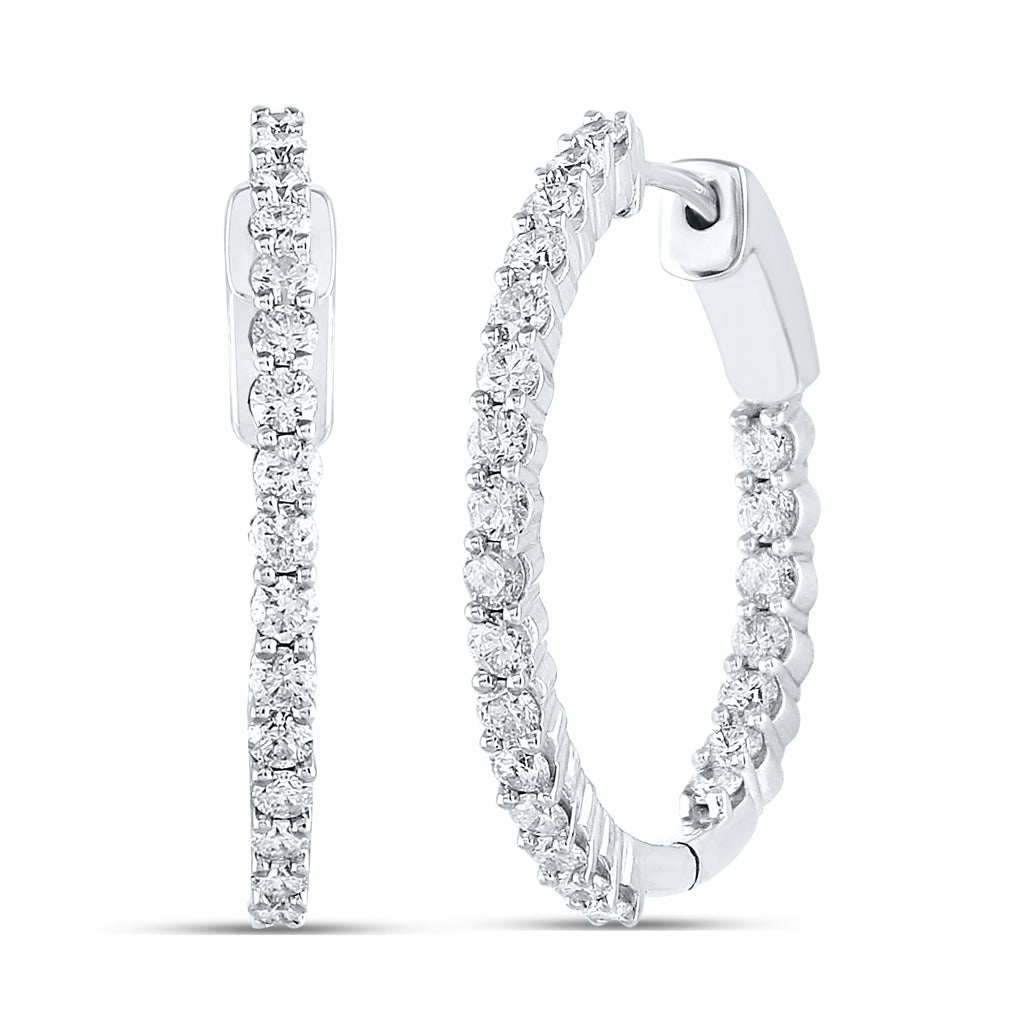 14K White Gold Womens Round Diamond Inside Outside Hoop Earrings 2ctw