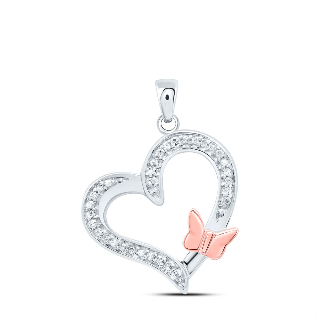 10K Yellow Or White Gold Womens Round Diamond Butterfly Heart Pendant 1/10 Cttw