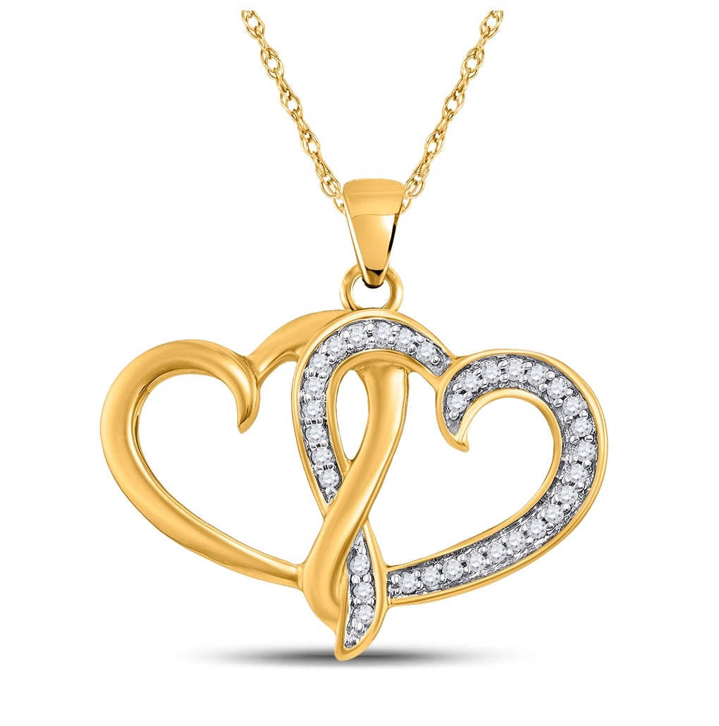 10K Yellow Gold Womens Round Diamond Double Joined Heart Pendant 1/10 Cttw
