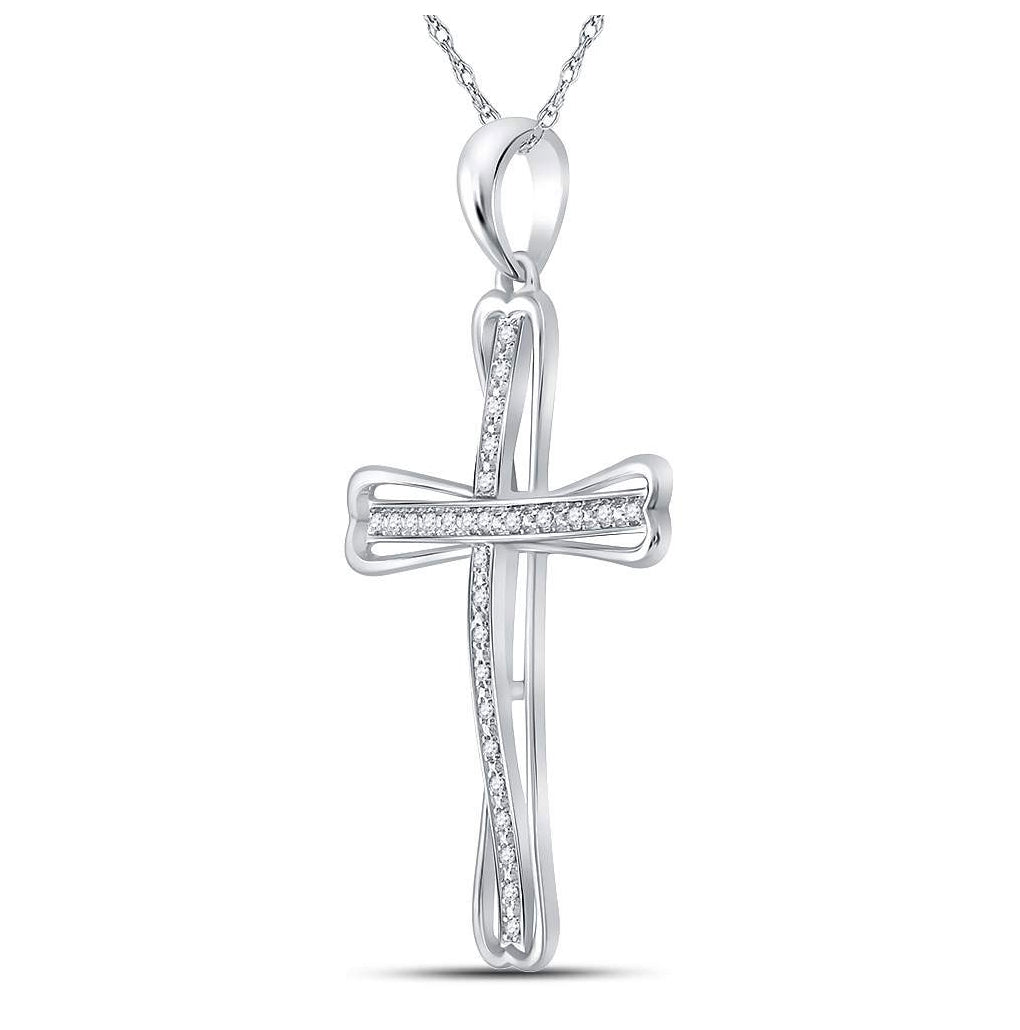 Sterling Silver Womens Round Diamond Cross Pendant 1/10ctw