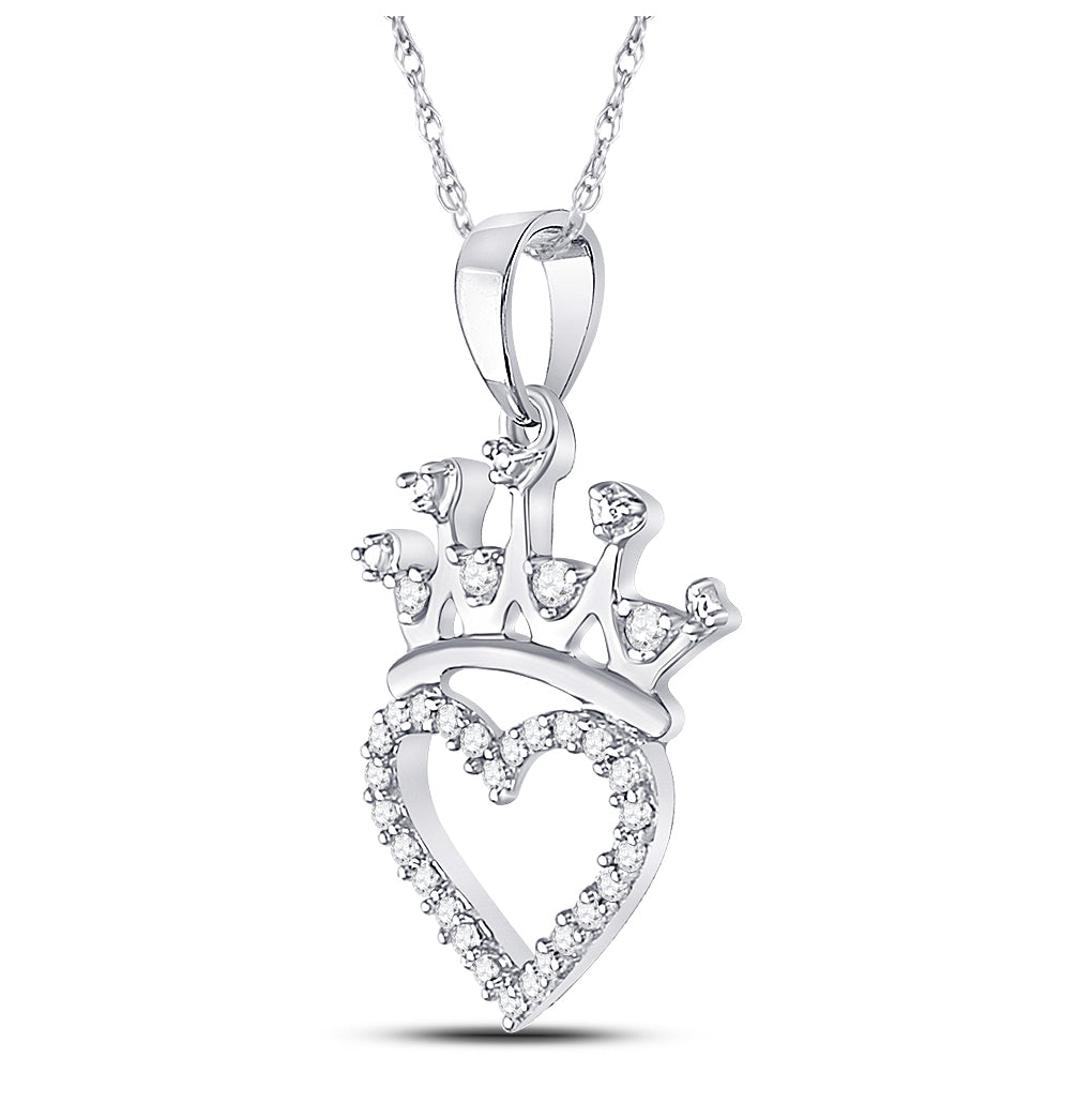 Sterling Silver Womens Round Diamond Crown Heart Pendant 1/10ctw, Length: 0.81 Inch Width: 0.5 Inch