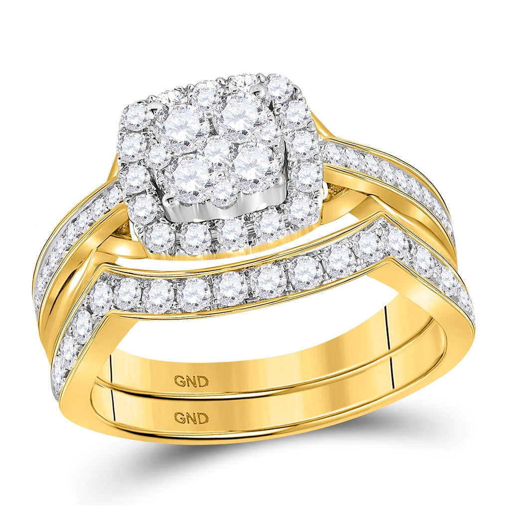 14K Yellow Gold Round Diamond Cluster Bridal Wedding Ring Band Set 1 Cttw, Womens Size: 5-10
