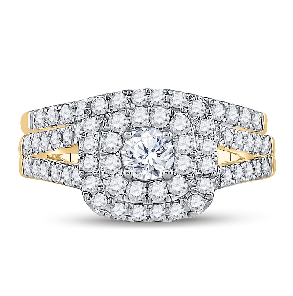 14K Yellow Gold Round Diamond Halo Bridal Wedding Ring Band Set 1-1/4 Cttw, Womens Size: 5-10