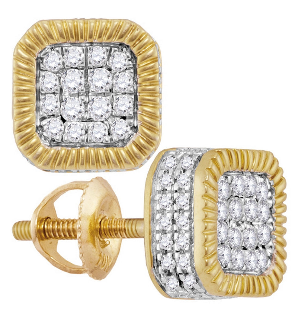 10K Yellow Gold Round Diamond Fluted Square Cluster Stud Earrings 3/4 Cttw