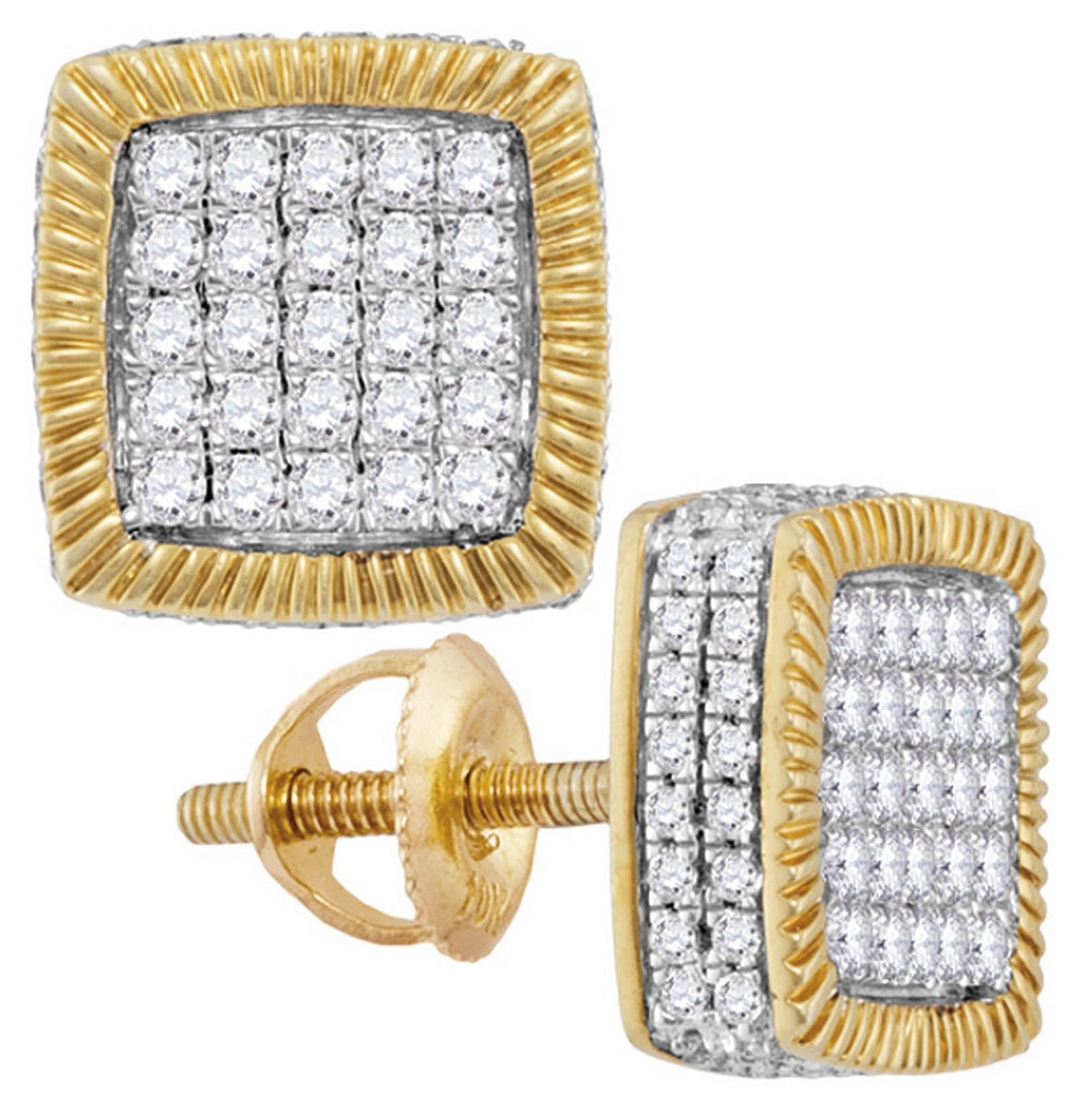 10kt Yellow Gold Mens Round Diamond Square Fluted Cluster Earrings 7/8 Cttw