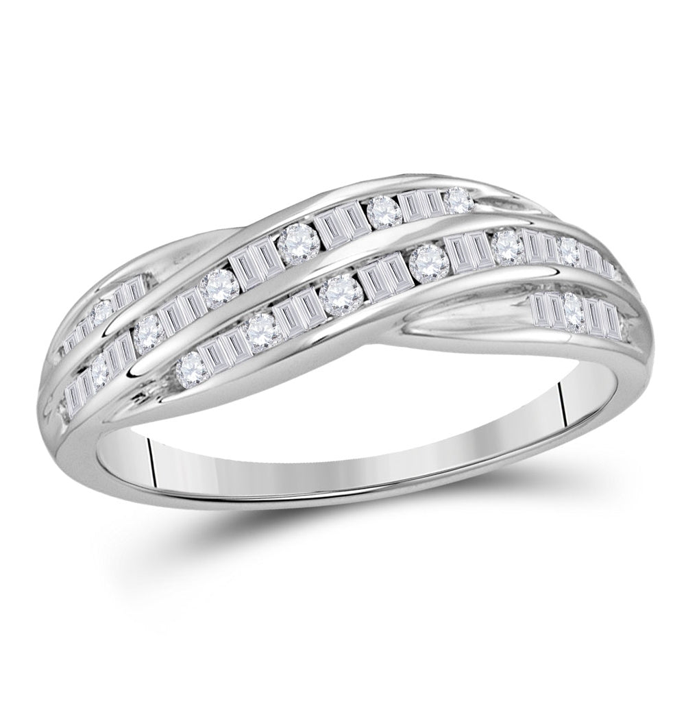 10K White Gold Womens Round Baguette Diamond Crossover Band Ring 1/3 Cttw, Womens Size: 5-10