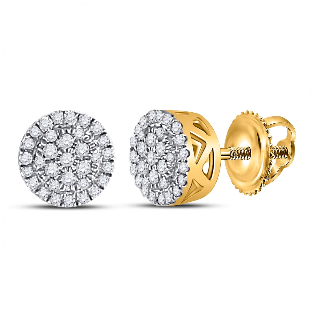 10K Yellow Gold Round Diamond Circle Cluster Earrings 1/6 Cttw