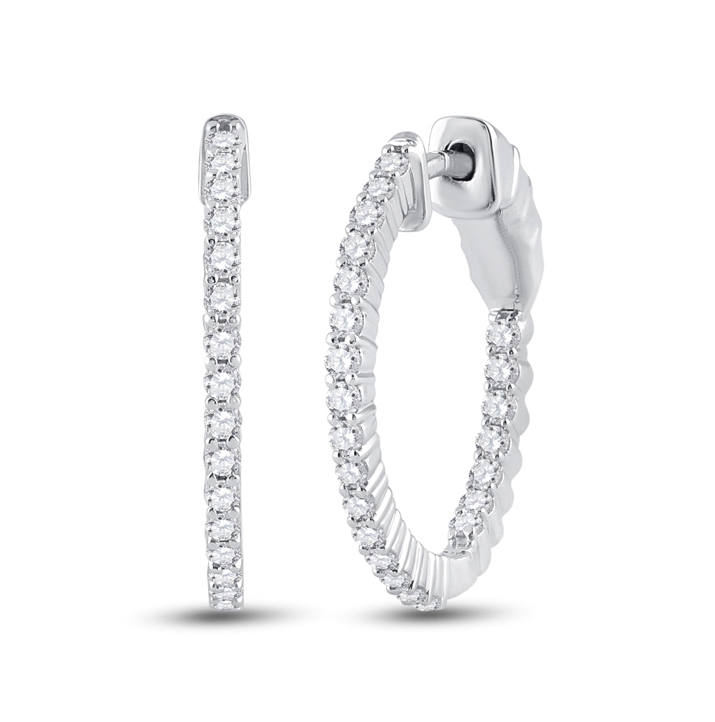 14K White Gold Womens Round Diamond Single Row Hoop Earrings 1/2 Cttw, Length: 0.83 In, Width: 0.04 In