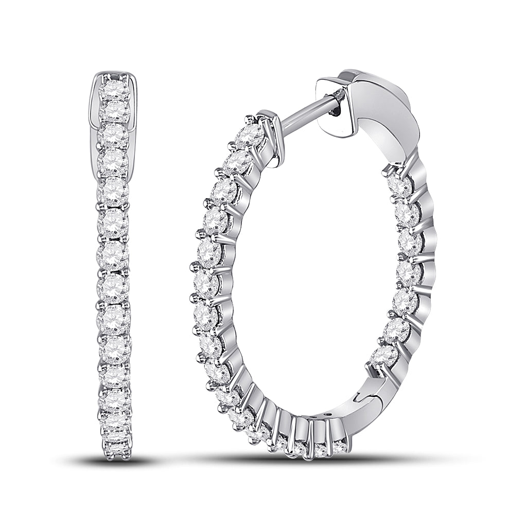 14K White Gold Womens Round Diamond Single Row Hoop Earrings 1-1/2 Cttw, Length: 0.96 In, Width: 0.08 In