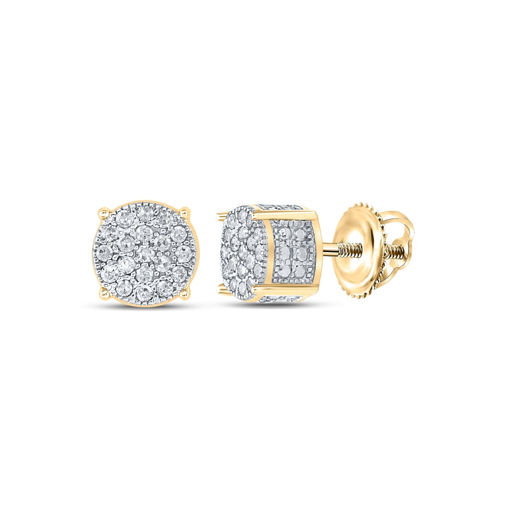 10K Yellow Gold Round Diamond 3D Cluster Earrings 1/8 Cttw