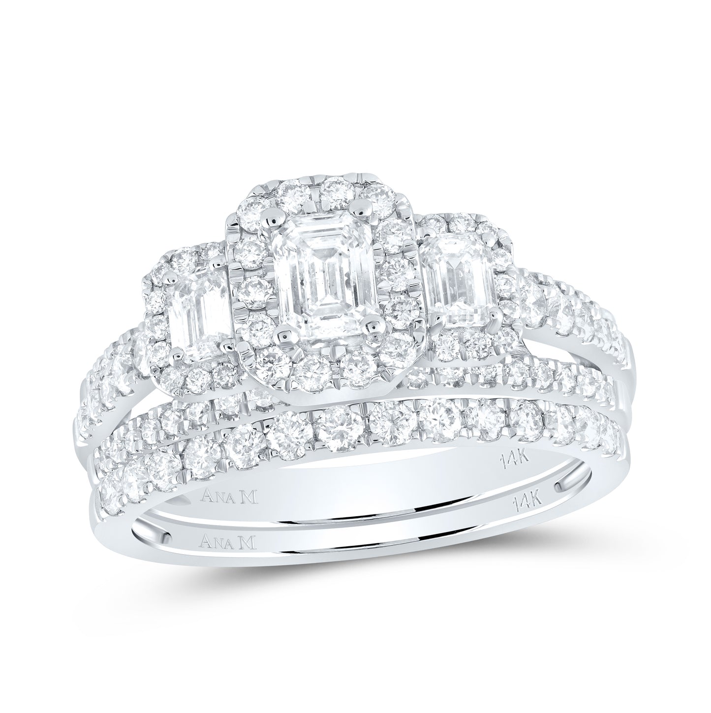 14K White Gold Emerald Diamond 3-Stone Bridal Wedding Ring Band Set 1-1/2 Cttw, Womens Size: 5-10