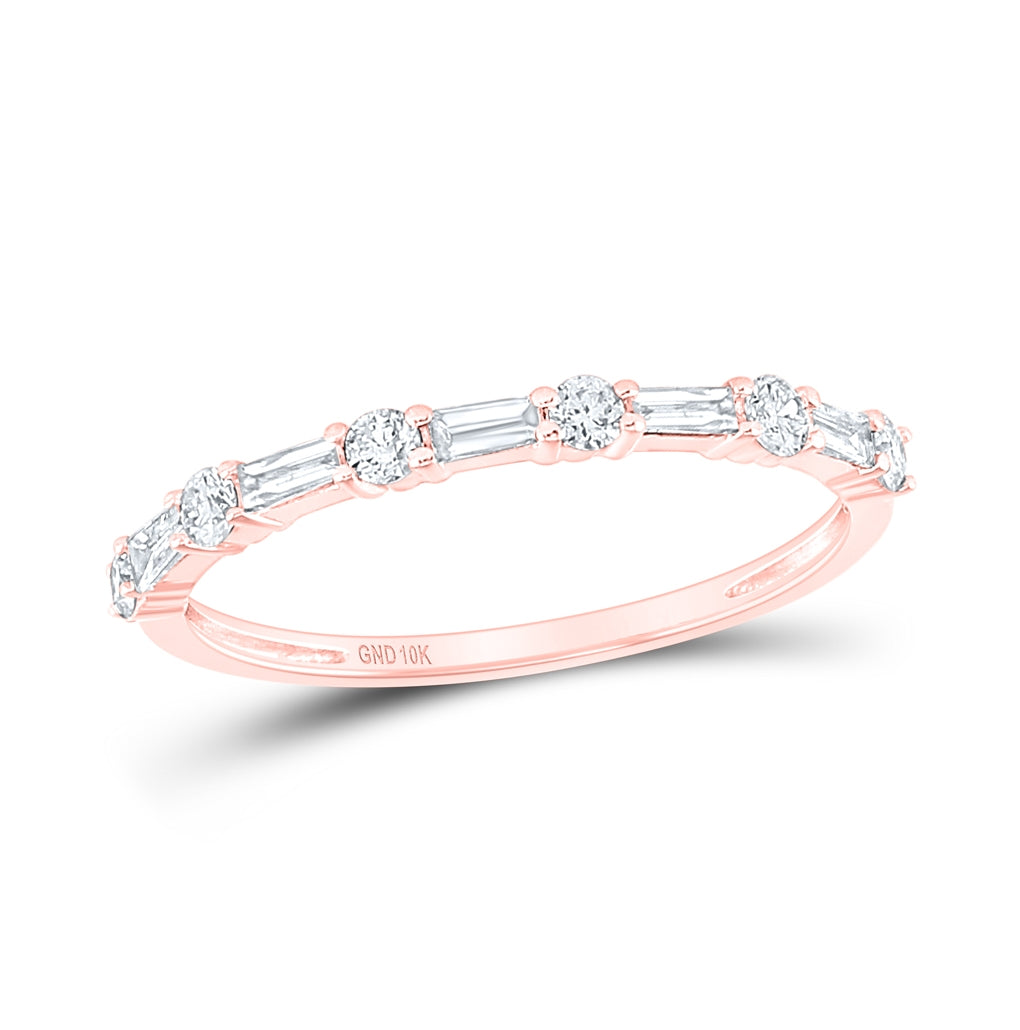 10kt Rose Gold Womens Round Baguette Diamond Stackable Band Ring 1/3 Cttw